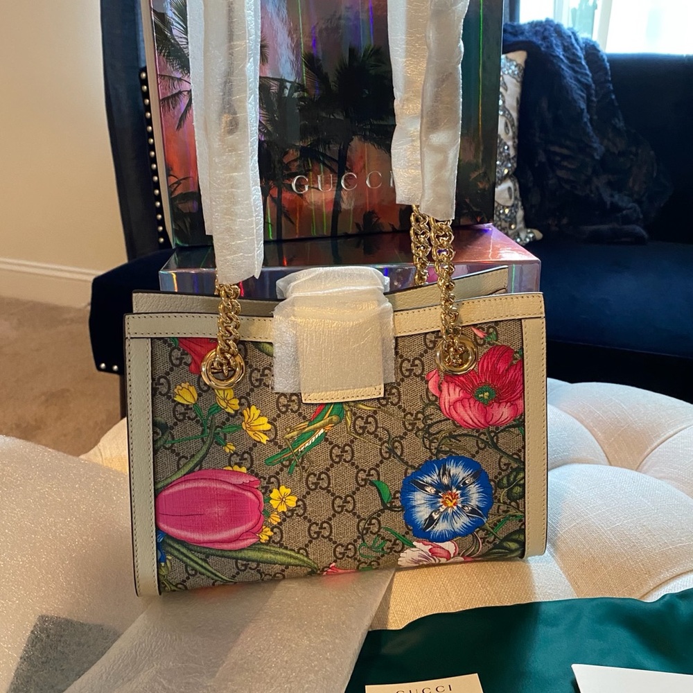 ✨NEW!✨GUCCI✨GG GUCCISSIMA SUPREME FLORA CANVAS & LEATHER PADLOCK CHAIN BAG - Picture 7 of 16